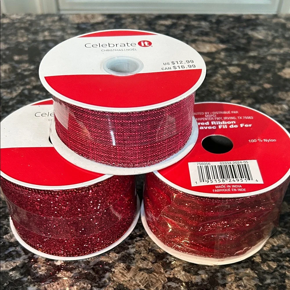 CELEBRATE IT SPARKLING ASSORTED RED WIRED RIBBON LOT OF 3 NWT